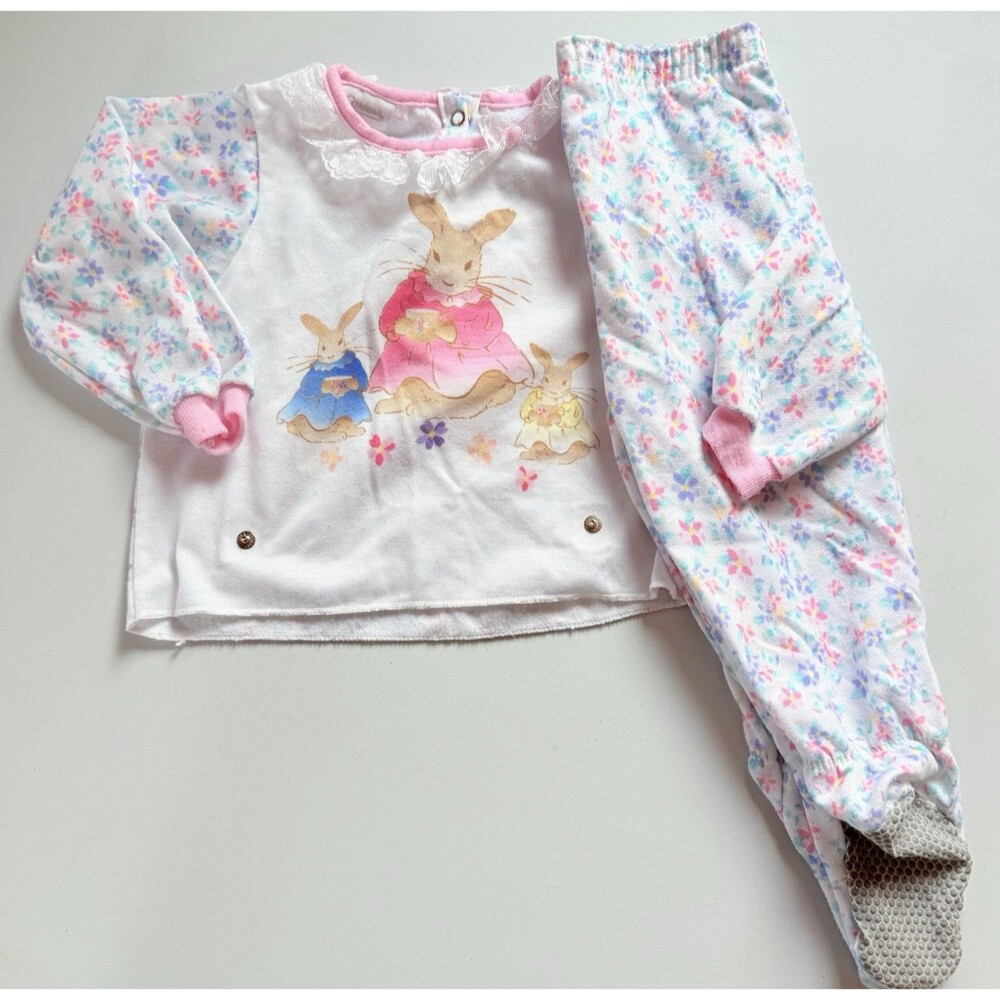 Vintage Carters Girls 18-24 Snap Waist Footed Pajamas 2 Piece Floral Tea Bunnies